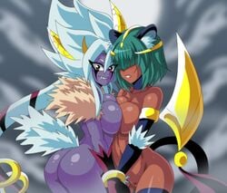 2girls duo female female_only konami lewdamone lunalight lunalight_leo_dancer lunalight_panther_dancer multiple_girls nude_female shounen_jump symmetrical_docking yu-gi-oh! yu-gi-oh!_arc-v yuri