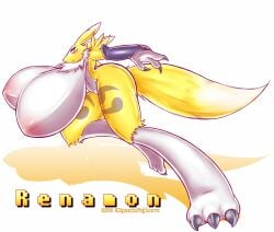 2016 absurd_res anthro armwear bandai_namco big_breasts black_sclera blue_eyes blush breasts canid canine clothing curvy_figure digimon digimon_(species) elbow_gloves female fur gloves handwear hi_res huge_breasts hyper hyper_breasts kyosuke_fujiwara mammal mostly_nude nipples renamon solo tuft voluptuous white_body white_fur wide_hips yellow_body yellow_fur