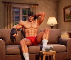 3d abs bara best_quality_couch bodybuilder bulging_muscles calf_muscles capcom chest detailed_background dilf erection facial_scar fingerless_gloves glistening hands_behind_head handsome highres hunk indoors lamp large looking_at_viewer manly masculine muscle muscular muscular_legs muscular_male nipples nude oiled pecs penis realistic red_headband ryu_(street_fighter) scar sharp_eyes sitting skin socks solo_male spiky_hair street_fighter strong sweat thick_thighs veiny white wooden_floor
