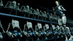 16:9 3_fingers 3d_(artwork) 4k absurd_res antenna_wire b1_battle_droid backpack barely_visible_genitalia battle_droid black_background blender_(artwork) butt crouching digital_media_(artwork) female fingers genitals group hi_res holding_object inside juanratman machine robot shelf simple_background standing star_wars widescreen