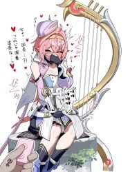aisiling_(starward) bare_shoulders blush boots breasts covering_face detached_sleeves fingerless_gloves gloves hairband harp heart highres instrument knees kopezo long_hair low_ponytail miniskirt orgasm pink_hair ponytail sex_toy skirt socks starward vibrator