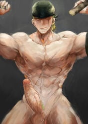 haimanga one_piece sword swords swordsman holding_sword bandana bandana_on_head pecs pectorals abs six_pack biceps triceps post-timeskip roronoa_zoro barazoku bara bara_tits bara_tiddies 1boy male male_only male_focus manly masculine_male gay yaoi muscular muscular_male muscles defined_muscles hunk beefy tough_guy bigger_male larger_male broad_shoulders scars scar scar_on_face scar_across_eye scar_on_chest green_hair japanese_male pirate earrings nude nude_male naked naked_male completely_nude completely_naked pubic_hair green_pubic_hair looking_at_viewer penis big_penis long_penis girthy_penis big_dick_energy huge_cock balls ballsack testicles solo solo_focus solo_male foreskin_pull retracted_foreskin uncut uncircumcised frown frowning veiny veiny_penis veins