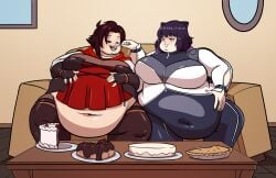 axel-rosered bbw blake_belladonna catgirl clothed dessert fat fat_female feederism feeding huge_belly leather leather_bodysuit leather_clothing obese_female ruby_rose rwby sagging_belly ssbbw weight_gain