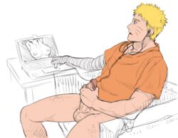 1boy aizenhower balls balls_out ballsack bandaged_arm big_balls big_penis blonde_hair blue_eyes body_hair bottomless bottomless_male breasts color computer digital_media_(artwork) erection facial_markings female foreskin foreskin_folds headphones human inner_foreskin jerking jerking_off leg_hair looking_pleasured male male_masturbation male_only masturbation naruto naruto_(series) nipples open_mouth orange_shirt pants_removed penile_masturbation penis penis_out pornography retracted_foreskin scrotal_raphe scrotum sitting solo spread_legs straight stroking_cock stroking_penis testicles uncensored uncircumcised uncut uzumaki_naruto veiny_penis watching_porn yellow_hair