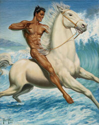 1951 dated george_quaintance no_visible_genitalia horse 1boy solo male male_only gay traditional_media original