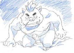 2017 anthro balls blush boar gouryou male male_only mammal mohawk monochrome moobs nipples overweight overweight_male penis porcine q14658091 solo tokyo_afterschool_summoners