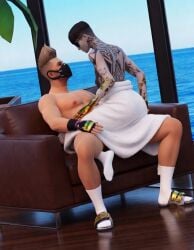 fortnite drift_(fortnite) midas_(fortnite) 2boys muscular male bodybuilder tall blond hair mohawk black mask facemask tattoo tattooed tribal sunglasses lap sitting straddling erection large penis gay only socks white slides colorful on frottage intimate clothed nude towel hand thigh dominant abs pecs veiny arms short undercut shorts gloves ocean view window realistic 3d render ai_generated fortnite:_battle_royale