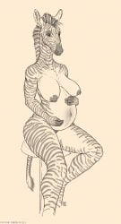 2026 anthro arcr-cric areola artist_name barely_visible_genitalia barely_visible_vulva breasts digital_media_(artwork) equid equine female furniture genitals greyscale hi_res holding_belly mammal mane monochrome nipples nude nude_anthro nude_female portrait pregnant signature simple_background sitting solo stool stripes tail text three-quarter_portrait url vulva zebra