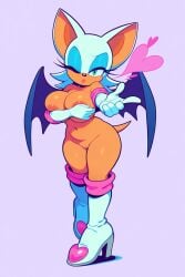 ai_generated sega sonic_(series) rouge_the_bat bat mammal hi_res areola armwear boots clothing covering covering_breasts elbow_gloves female footwear fur genitals gloves handwear high_heeled_boots high_heels lipstick looking_at_viewer makeup mostly_nude one_eye_closed pussy simple_background solo tan_body tan_skin white_body white_fur wings wink