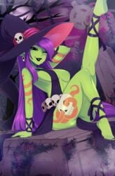 breasts cleavage female female_only green_skin looking_at_viewer merunyaa pointy_ears purple_hair skela_the_witch solo tattoo