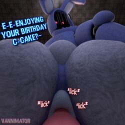 2boys animatronic ass ass_focus butt dialogue english_text faceless_male first_person_view five_nights_at_freddy's five_nights_at_freddy's_2 fnaf gay looking_at_viewer male male/male male_only pov rabbit rimming rimming_male robot scottgames sex text tongue tongue_out vannimator withered_bonnie