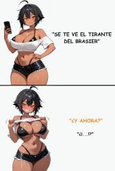 ai_generated black_hair dark-skinned_female exposed_bra meme revealing_clothes smirking smirking_at_viewer spanish_text strap_bra