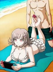 1boy 1boy1girl 1girl absurd_res absurdres ai_generated barefoot beach beach_towel big_balls big_boobs big_breasts big_cock big_dick big_penis blank_expression cum cum_on_feet cumming cumming_from_footjob danganronpa danganronpa_2:_goodbye_despair danganronpa_2x2 faceless_character faceless_male feet feet_focus feet_on_penis feet_up foot_fetish foot_focus footjob from_behind gamer_girl gaming hair_ornament handheld_game_console lying_on_stomach lying_on_towel mauve_hair mole mole_on_breast nanami_chiaki nintendo_switch novelai penis penis_out pink_eyes simple_background stable_diffusion swimming_trunks swimsuit swimwear veins_on_dick veiny_penis white_swimsuit