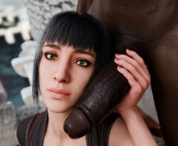 1boy 1girls 3d baldur's_gate_3 big_penis black_hair clothed clothed_female clothed_female_nude_male cock completely_nude dark-skinned_male dark_skin derpderp dungeons_and_dragons duo elf elf_ears facial_scar female grabbing_penis green_eyes hand_on_penis huge_cock interracial light-skinned_female light_skin looking_at_viewer male male/female nail_polish nude painted_nails penis penis_on_face pink_nails pointy_ears posing_with_penis scar shadowheart straight submissive_female tagme unseen_male_face