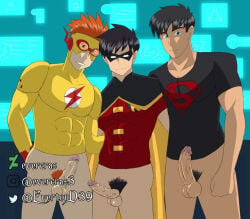 batman_(series) conner_kent dc dc_comics dick_grayson erection evercras imminent_threesome kid_flash male_only robin_(dc) smile superboy superman_(series) the_flash_(series) throuple wally_west young_justice cock dick penis no_pants