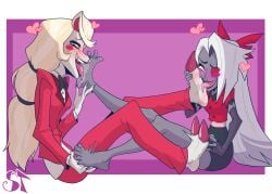 2girls absurdres angel_girl arousal barefoot blonde_female blush blushing bow canon_couple charlie_morningstar_(hazbin_hotel) couple_(romantic) couple_goals demon_girl foot_fetish foot_focus foot_lick foot_play foot_worship goals gray_skinned_female hazbin_hotel hellaverse highres hooves horny_female kinky licking_foot licking_soles long_hair long_tongue loving_couple loving_it mutual_foot_lick mutual_foot_licking mutual_foot_play mutual_foot_worship mutual_tickling pale-skinned_male pink_soles red_suit relationship_goals romantic_couple saliva_on_foot skirt symbiontickles tasty_feet tickle_fetish tickling tickling_feet ticklish_feet ticklish_female tongue_on_foot tongue_out vaggie_(hazbin_hotel) vivziepop yuri
