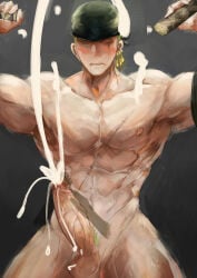blushing embarrassed pretending_not_to_like_it cute_face veiny veiny_penis veins haimanga one_piece sword swords swordsman holding_sword bandana bandana_on_head pecs pectorals abs six_pack biceps triceps post-timeskip roronoa_zoro barazoku bara bara_tits bara_tiddies 1boy male male_only male_focus manly masculine_male gay yaoi muscular muscular_male muscles defined_muscles hunk beefy tough_guy bigger_male larger_male broad_shoulders scars scar scar_on_face scar_across_eye scar_on_chest green_hair japanese_male pirate earrings 1other masturbating masturbation masturbating_other questionable_consent holding_penis nude nude_male naked naked_male completely_nude completely_naked pubic_hair green_pubic_hair penis big_penis long_penis girthy_penis big_dick_energy huge_cock balls foreskin_pull retracted_foreskin uncut uncircumcised cum cumshot cumming cumming_from_masturbation excessive_cum orgasm orgasm_face pleasured pleasure_face pleasured_face closed_eyes