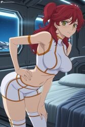 1girl ai_generated bed blush breasts closed_mouth crop_top digitalwaifugallery earrings freckles gundam hand_on_own_hip hi_res high_quality high_resolution large_breasts leaning_forward long_hair looking_at_viewer midriff navel nena_trinity patreon pillow red_hair seductive sexy shorts solo thighhighs two_side_up uncensored watermark white_shorts white_thighhighs yellow_eyes