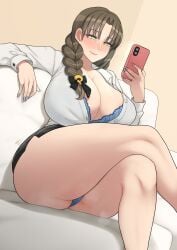 1girls 2d 2d_(artwork) absurdres ass ass_focus beautiful_woman big_breasts blue_bra blue_panties bra bra_peek braid breasts brown_hair cellphone collared_shirt couch crossed_legs digital_art digital_drawing_(artwork) digital_media_(artwork) female female_only green_eyes heavenly_body high_resolution highres huge_breasts indie_virtual_youtuber jewelry light-skinned_female light_skin long_sleeves mature_female mature_woman microskirt milf milfs miniskirt mole mole_under_eye mommymilkers3k oblivious_sexualization older older_female older_woman panties pantyshot parted_bangs partially_unbuttoned pencil_skirt phone ring shirt sitting skirt smartphone smile smiling solo solo_female solo_focus thick thick_legs thick_thighs thighs tight_clothing tight_skirt tsukushibara_sumine unbothered underwear virtual_youtuber wedding_ring white_shirt wholesome