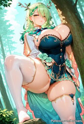 1girl ai_generated big_breasts ceres_fauna female female_thick_thighs green_hair hololive hololive_english mature_female revoaru thick_thighs thighs virtual_youtuber