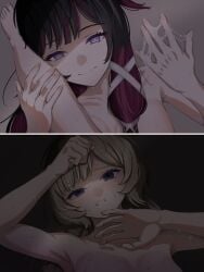 2girls absurdres after_fingering bare_shoulders black_hair blue_eyes blush breasts brown_hair clenched_hand closed_mouth columbina_(genshin_impact) cum cum_on_body cum_on_fingers cum_on_hands cum_string genshin_impact hair_flaps hair_ornament hair_ribbon hand_on_another's_leg highres implied_fingering leg_lift long_hair looking_at_another multicolored_hair multiple_girls nude open_mouth purple_eyes purple_hair purple_streaks pussy_juice pussy_juice_on_fingers pyipyimime ribbon sandrone_(genshin_impact) short_hair short_hair_with_long_locks sidelocks smile streaked_hair sweat two-tone_hair unusually_open_eyes yuri