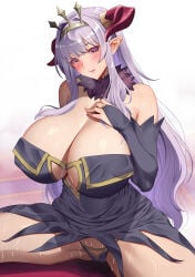 1girl absurdres akihiro0920 black_dress blush breasts cleavage commentary_request crown demon_girl detached_sleeves dress hair_between_eyes highres horns huge_breasts kanan-sama_wa_akumade_choroi lillum lillum_(kanan-sama) long_hair looking_at_viewer mature_female panties pointy_ears purple_eyes purple_hair purple_panties sidelocks sitting smile solo spread_legs sweat thighs underwear very_long_hair