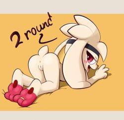 2024 3_fingers 3_toes accessory anthro anus black_nose blush butt chest_tuft crossed_ankles crossed_legs dialogue digit_ring english_text feet female female_only fingers floppy_ears fur generation_8_pokemon genitals headband headband_only hi_res hindpaw jewelry lagomorph legs_up mammal nintendo nude nude_female open_mouth open_smile paws pokemon pokemon_(species) pokemorph presenting presenting_hindquarters presenting_vulva raboot red_eyes ring simple_background smile soles soles_the_raboot solo text toe_ring toes toon_draw toon_pinups tuft vulva white_body white_fur yellow_background