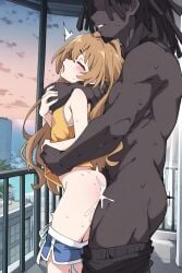 1boy 1girls ai_generated aisaka_taiga balcony bigduda brown_hair cheating choke_hold chokehold clothed_sex cum dark-skinned_male dreadlocks goatee height_difference interracial moaning netorare orgasm sex sex_from_behind shorts shorts_pull size_difference standing_sex stealth_sex sunrise tank_top toradora!