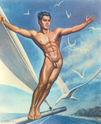 george_quaintance uncensored original traditional_media muscular nipples balls penis flaccid foreskin uncircumcised pubic_hair black_hair tan_skin male male_only 1boy solo gay yaoi year_request