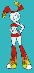 blue_background blue_eyes cropped_image hands_on_hips jenny_wakeman jenny_wakeman_(makeover) looking_at_another miniskirt my_life_as_a_teenage_robot nickelodeon red_bra red_skirt robot robot_girl skirt small_breasts smile smiling smooth_skin standing velenor xj-9