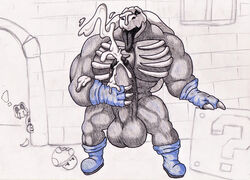 1boy 1other abs ambiguous_gender balls big_dumb_ghost bone clothing cum cum_on_arm cum_on_face cum_on_hand cum_on_penis cumshot dry_bones ejaculation full_body gloves hyper hyper_penis indoors male male_focus male_only mario_(series) masturbation muscular mushroom nintendo open_mouth orgasm penis shell solo_focus standing super_mario_bros. surprise testicles tongue undead video_games ziop