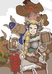 alternate_costume armor beer blizzard_entertainment blonde_hair blue_eyes braid female human mercy overwatch splashbrush sword the_lost_vikings valkyrie_mercy viking weapon wink