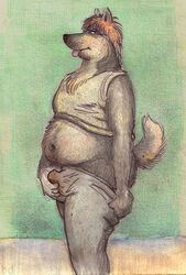 anthro bd belly blep bulge canine clothed clothing fur hair holding_bulge looking_at_viewer male male_only mammal navel peeing peeing_self raised_tail slightly_chubby solo stain tongue tongue_out traditional_media_(artwork) urinating urinating_male urination urine urine_stain