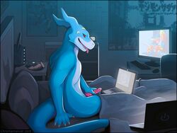 2018 anthro chromamancer computer digimon digital_media_(artwork) erection flamedramon laptop male male_only masturbation nude open_mouth penis scalie solo