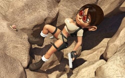 1girls 3d belt big_breasts black_gloves boots brown_hair busty cleavage clothing curvy detailed_background eyewear female female_only fingerless_gloves footwear front_view glasses gloves gun handwear holding_object hourglass_figure human kondaspeter lara_croft lara_croft_(l.a.u.) leg_lift leg_up long_hair looking_down midriff outdoor outside pose posing shadow shiny shiny_skin short solo standing sunglasses tied_hair tomb_raider video_game video_games voluptuous weapon wide_hips