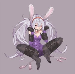 amiba_(amiba00638239) animal_ears azur_lane ball_gag bare_shoulders bitchsuit black_legwear blush bondage bound bound_arms bound_legs breasts bunny_ears bunnysuit clothing collarbone controller elbow_gloves female full_body gag gagged gloves hairband hands_up heart heart-shaped_pupils laffey_(azur_lane) leotard long_hair medium_breasts pantyhose pink_eyes purple_background purple_gloves purple_leotard pussy_juice red_hairband remote_control remote_control_vibrator shiny shiny_clothes silver_hair simple_background sitting solo spread_legs strapless strapless_leotard symbol-shaped_pupils tied_hair twintails vibrator vibrator_cord vibrator_under_clothes wet wet_clothes