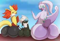 3girls ass ass_row back big_ass big_ears black_fur blue_fur canine delphox dragon fat_ass female_only fox furfrou goodra green_eyes green_skin huge_ass looking_at_viewer looking_back miso_souperstar nintendo nude outdoors pokémon_(species) pokemon pokemon_(species) pokemon_xy purple_skin red_eyes red_fur scalie sitting tail text thick_thighs watermark white_fur wide_hips yellow_fur