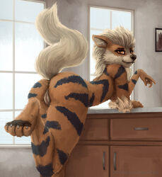 1girls 2018 anthro anthrofied arcanine ass bedroom_eyes big_ass black_fur feet female female_only foxovh furry half-closed_eyes inside nintendo nude orange_fur paws pokemon pokemon_(species) pokemon_rgby presenting presenting_hindquarters pussy raised_tail seductive solo stripes text thick_thighs url video_games watermark wide_hips