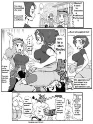 3girls amourshipping ash_ketchum ass big_breasts bonnie_(pokemon) citron_(pokemon) clemont clothing comic cowgirl_position dedenne eureka_(pokemon) gouguru grace_(pokemon) huge_breasts human human_only large_breasts milf monochrome mother_and_daughter nintendo pokemon pokemon_rgby pokemon_xy recording satoshi_(pokemon) serena_(pokemon) skirt text