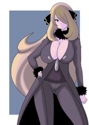 1girls blonde_hair busty cleavage clothed cynthia_(pokemon) female female_only human koutarosu large_breasts pokemon pokemon_dppt