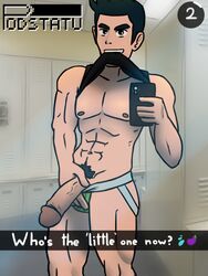 1boy biting_shirt black_hair black_tank_top cellphone_camera gay half-erect holding_penis jock jock_slut jockstrap large_penis lifting_clothing little_mac locker_room male male_only mostly_nude penis_out podstatu punch-out!! punch_out selfie snapchat super_smash_bros. tank_top tank_top_lift yaoi