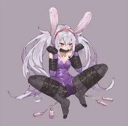 amiba_(amiba00638239) animal_ears azur_lane bare_shoulders bitchsuit black_legwear blush bondage bound bound_arms bound_legs breasts bunny_ears bunnysuit clothing collarbone controller elbow_gloves female full_body gag gagged gloves hairband hands_up heart heart-shaped_pupils improvised_gag laffey_(azur_lane) leotard long_hair medium_breasts pantyhose pink_eyes purple_background purple_gloves purple_leotard pussy_juice red_hairband remote_control remote_control_vibrator shiny shiny_clothes silver_hair simple_background sitting solo spread_legs strapless strapless_leotard symbol-shaped_pupils tape tape_gag tied_hair twintails vibrator vibrator_cord vibrator_under_clothes wet wet_clothes