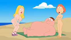 accurate_art_style american_dad beach beach_towel breasts family_guy female foreskin francine_smith gp375 lois_griffin male nipples nude nude_beach nude_female nude_male nudiat on_model partially_retracted_foreskin penis peter_griffin pussy small_penis small_penis_humiliation uncut