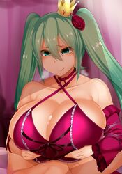 :q bare_shoulders breasts cleavage collarbone cum detached_sleeves facominn female gloves green_eyes green_hair hatsune_miku highres huge_breasts long_hair paizuri paizuri_under_clothes project_diva project_diva_(series) red_gloves smile solo_focus tongue tongue_out vocaloid world_is_mine_(vocaloid)