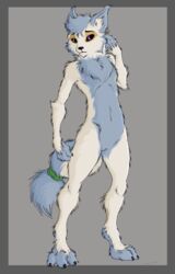 3_toes 5_fingers alien anthro black_sclera blue_fur canine chest_tuft featureless_chest female flat_chested fur gthusky lonviel mammal multicolored_fur navel nude purple_iris simple_background solo toes tuft two_tone_fur white_fur