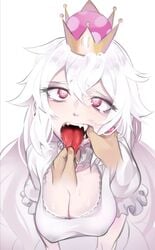 ahe_gao boosette breasts crown cute disembodied_hands eye_contact fangs finger_in_another's_mouth finger_in_mouth fringe ghost hands heavy_breathing innocent kid_(artist) mario_(series) new_super_mario_bros._u_deluxe nintendo open_mouth pink_eyes pov saliva saliva_string sharp_teeth simple_background teenager throat thumb_in_mouth tongue tongue_grab tongue_out white_hair