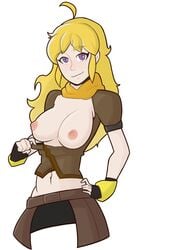 1girls abs ahoge blonde_hair breasts busty doodliedork female_only fingerless_gloves human purple_eyes rooster_teeth rwby smiling tagme white_background yang_xiao_long yellow_eyebrows yellow_hair