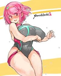 1girls arm_under_breasts blush breasts color curvy female huge_breasts leotard navel nipple_bulge open_mouth pink_eyes pink_hair pyra sachito smile standing sweat thighs wet wide_hips xenoblade_(series) xenoblade_chronicles_2