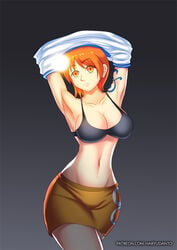 andronicusvii black_bra breasts brown_skirt cleavage female female_only hypnosis large_breasts mind_control nami one_piece orange_eyes orange_hair patreon patreon_username skirt white_shirt