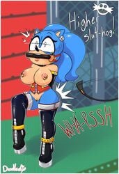 1girls anthro areola armbinder ass big_breasts bimbo bit_gag blush bondage bound breasts busty cleavage clothed clothing digital_media_(artwork) doodle_dip female femsub gag gagged gloves hands_behind_back hedgehog mammal nipples petplay ponyplay roleplay rule_63 solo sonic_(series) sonic_the_hedgehog sonique_the_hedgehog submissive text video_games voluptuous whipping